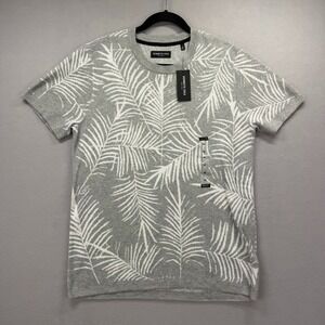 Kenneth Cole Knit Basic T-Shirt Mens Medium Gray Palm Jacquard Tropical Crew NEW